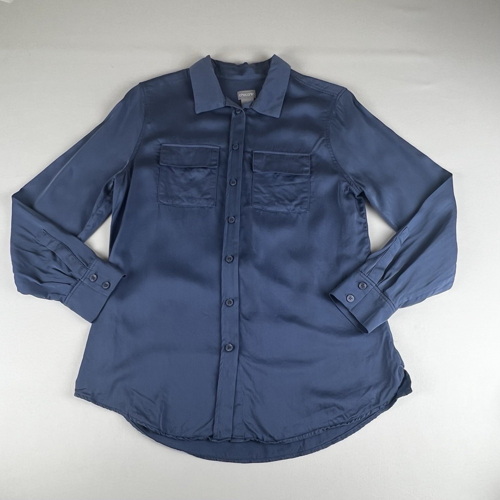 Chico's Navy Blue Modal Button Down Shirt Long Sleeve Size 0 US 4/6